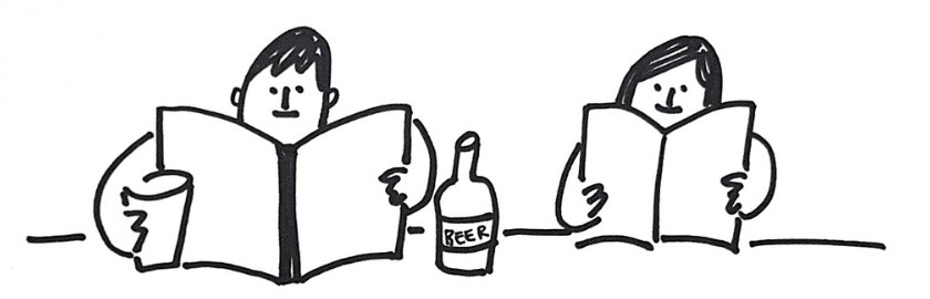 맥주를 곁에 두고 책을 읽는 두 사람을 그린 손그림